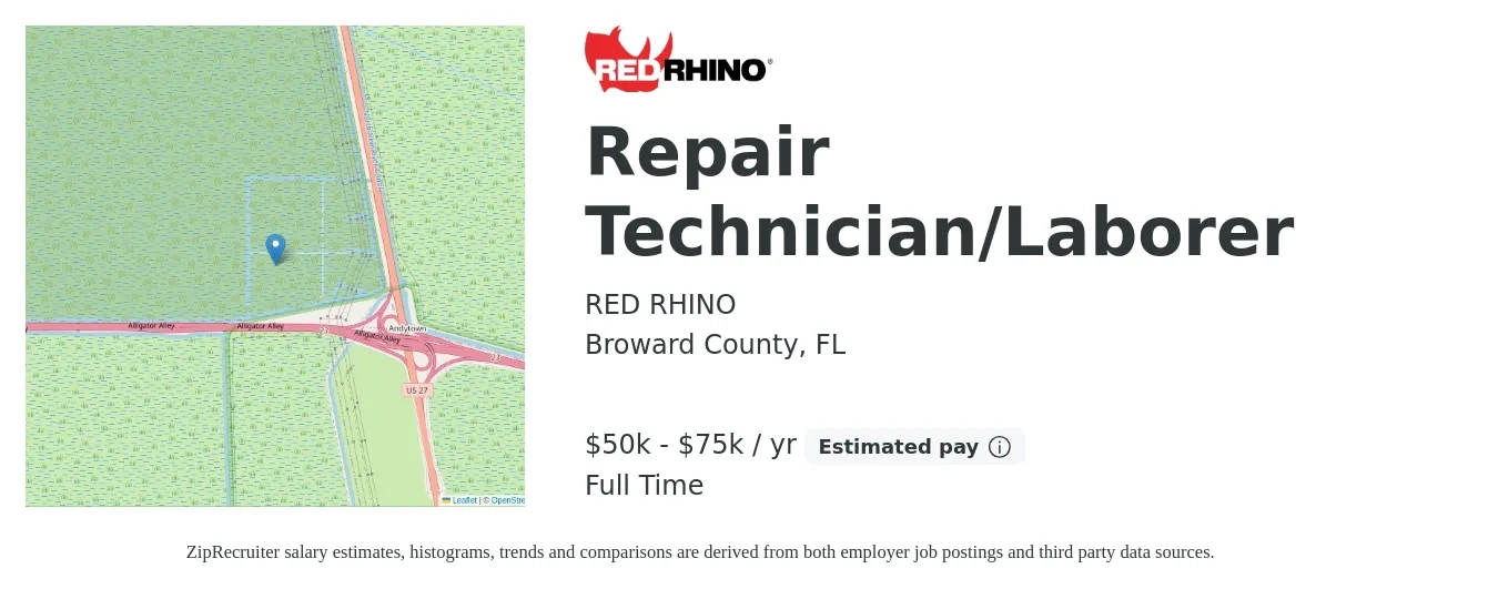 RED RHINO job posting for a Repair Technician/Laborer in Broward County, FL with a salary of $50,000 to $75,000 Yearly with a map of Broward County location.