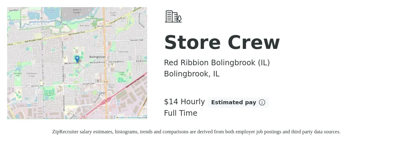 Red Ribbion Bolingbrook (IL) job posting for a Store Crew in Bolingbrook, IL with a salary of $15 Hourly with a map of Bolingbrook location.