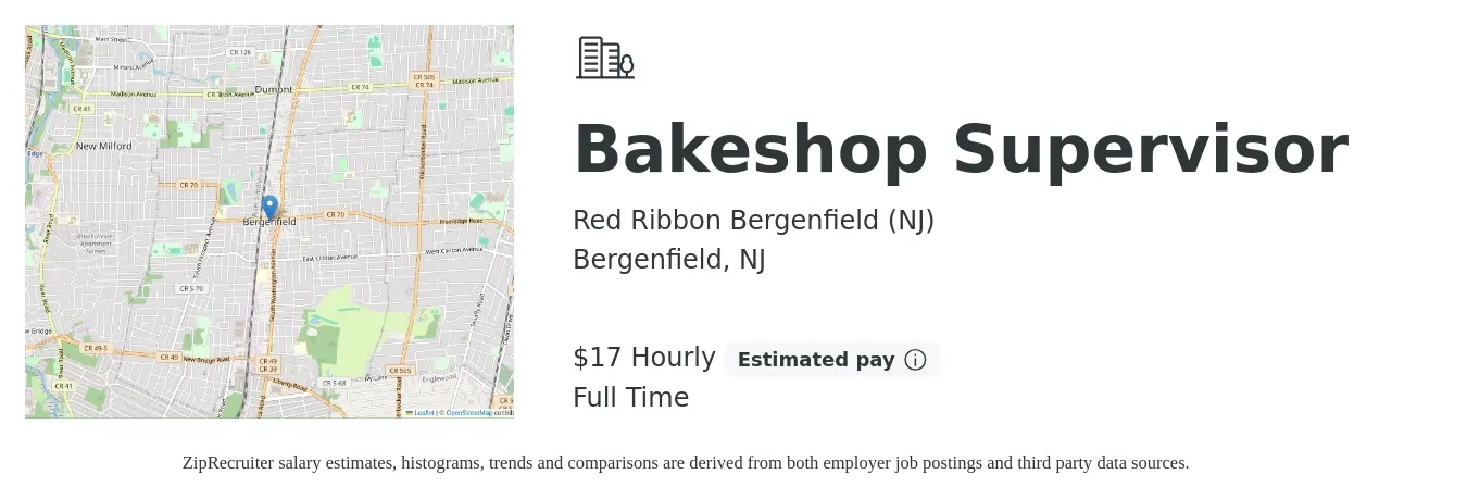 Red Ribbon Bergenfield (NJ) job posting for a Bakeshop Supervisor in Bergenfield, NJ with a salary of $18 Hourly with a map of Bergenfield location.