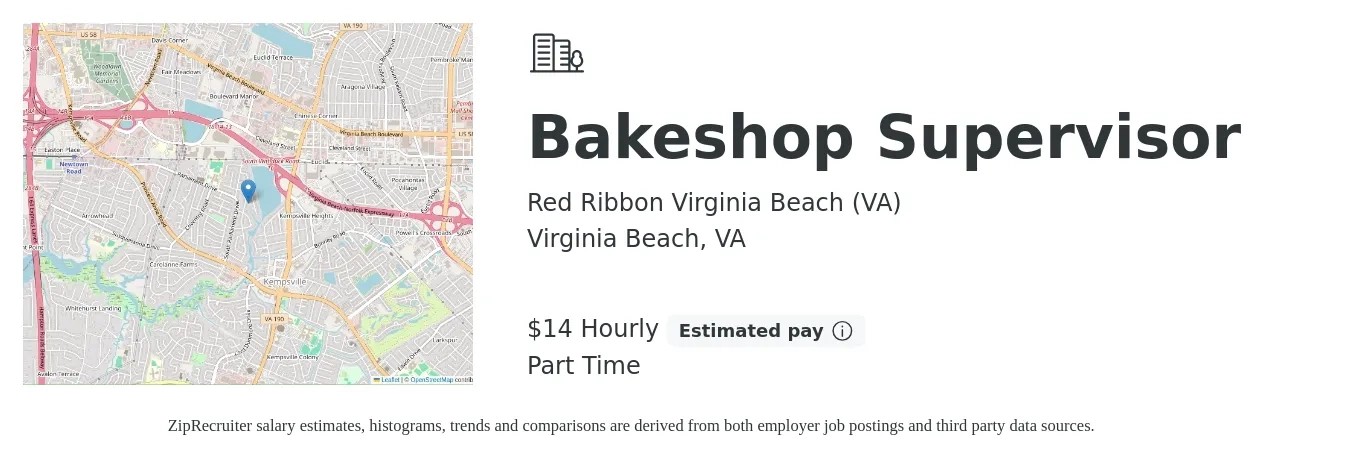 Red Ribbon Virginia Beach (VA) job posting for a Bakeshop Supervisor in Virginia Beach, VA with a salary of $15 Hourly with a map of Virginia Beach location.