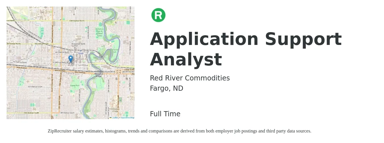 Red River Commodities job posting for a Application Support Analyst in Fargo, ND with a salary of $30 to $46 Hourly with a map of Fargo location.