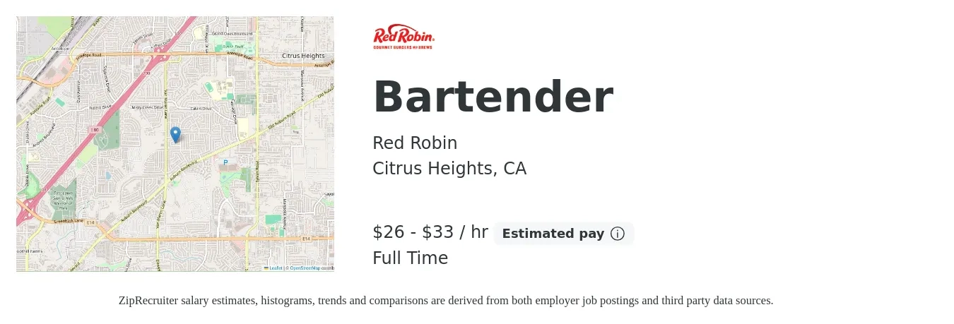 Red Robin job posting for a Bartender in Citrus Heights, CA with a salary of $27 to $35 Hourly with a map of Citrus Heights location.
