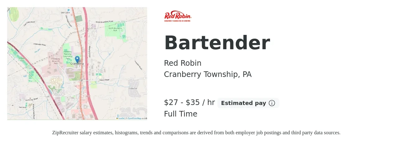 Red Robin job posting for a Bartender in Cranberry Township, PA with a salary of $29 to $37 Hourly with a map of Cranberry Township location.