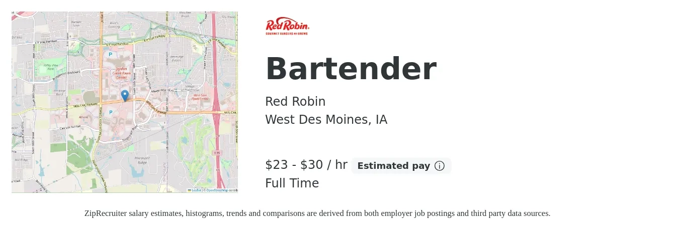 Red Robin job posting for a Bartender in West Des Moines, IA with a salary of $24 to $32 Hourly with a map of West Des Moines location.
