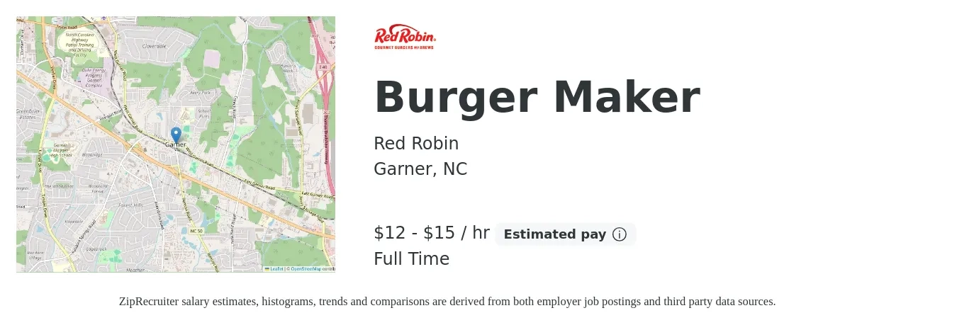 Red Robin job posting for a Burger Maker in Garner, NC with a salary of $13 to $16 Hourly with a map of Garner location.