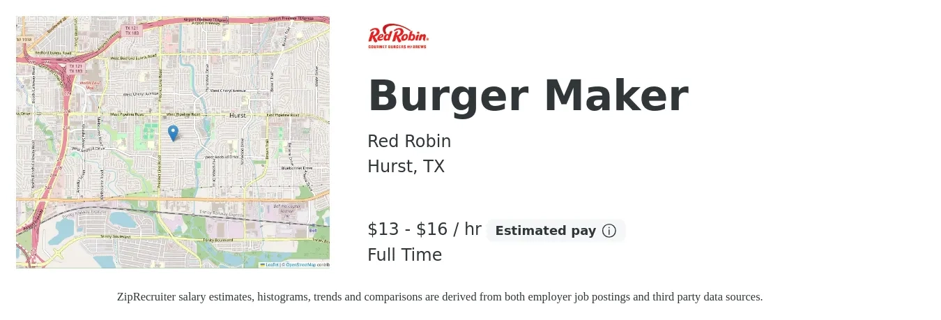 Red Robin job posting for a Burger Maker in Hurst, TX with a salary of $14 to $17 Hourly with a map of Hurst location.