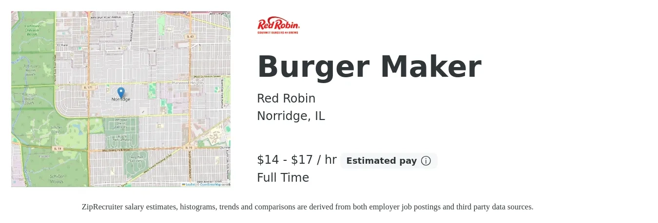 Red Robin job posting for a Burger Maker in Norridge, IL with a salary of $13 to $16 Hourly with a map of Norridge location.