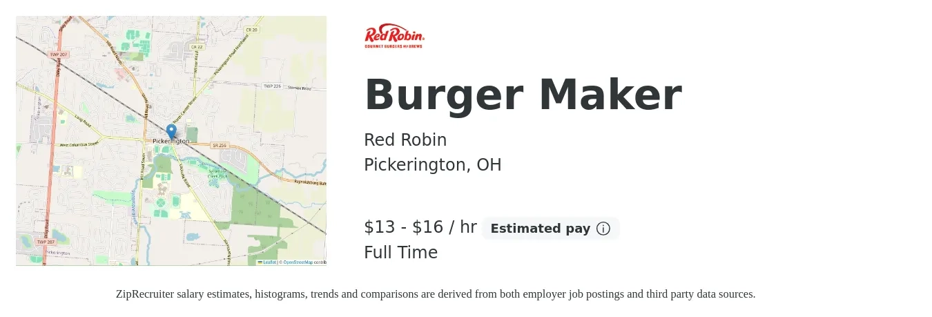 Red Robin job posting for a Burger Maker in Pickerington, OH with a salary of $15 to $18 Hourly with a map of Pickerington location.