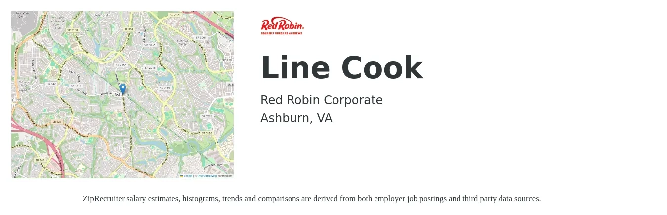 Red Robin Corporate job posting for a Line Cook in Ashburn, VA with a salary of $16 to $20 Hourly with a map of Ashburn location.