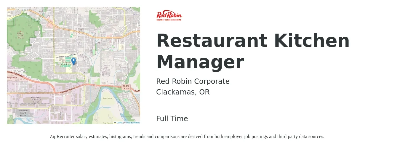 Red Robin Corporate job posting for a Restaurant Kitchen Manager in Clackamas, OR with a salary of $53,600 to $68,400 Yearly with a map of Clackamas location.