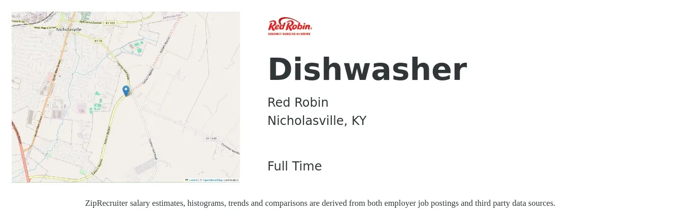 Red Robin job posting for a Dishwasher in Nicholasville, KY with a salary of $12 to $15 Hourly with a map of Nicholasville location.