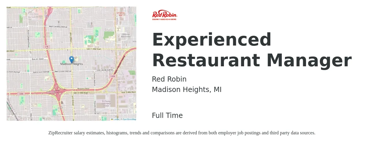 Red Robin job posting for a Experienced Restaurant Manager in Madison Heights, MI with a salary of $41,600 to $58,600 Yearly with a map of Madison Heights location.