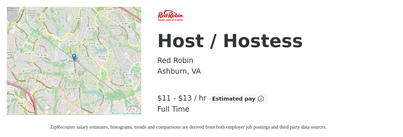 Red Robin job posting for a Host / Hostess in Ashburn, VA with a salary of $12 to $14 Hourly with a map of Ashburn location.