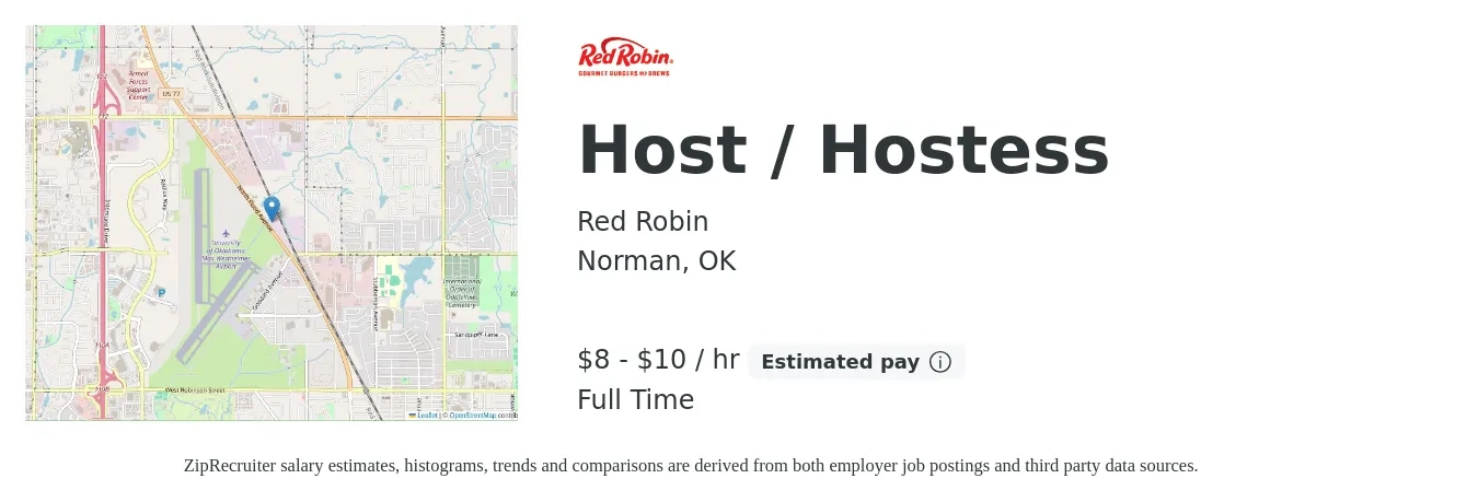 Red Robin job posting for a Host / Hostess in Norman, OK with a salary of $9 to $11 Hourly with a map of Norman location.