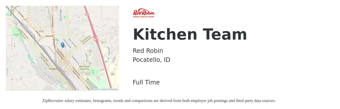 Red Robin job posting for a Kitchen Team in Pocatello, ID with a salary of $38,300 to $61,400 Yearly with a map of Pocatello location.