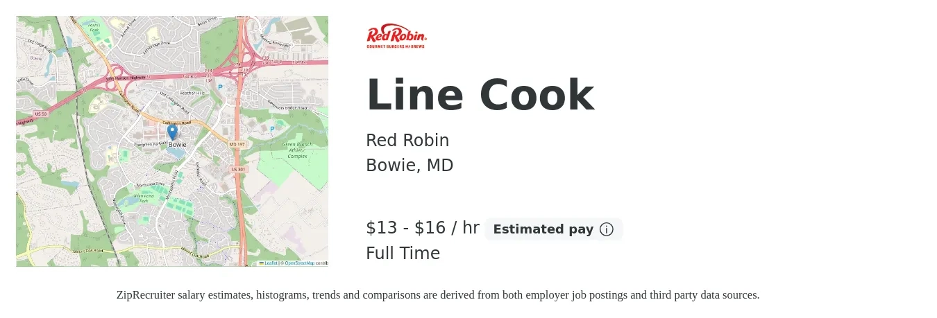 Red Robin job posting for a Line Cook in Bowie, MD with a salary of $14 to $17 Hourly with a map of Bowie location.