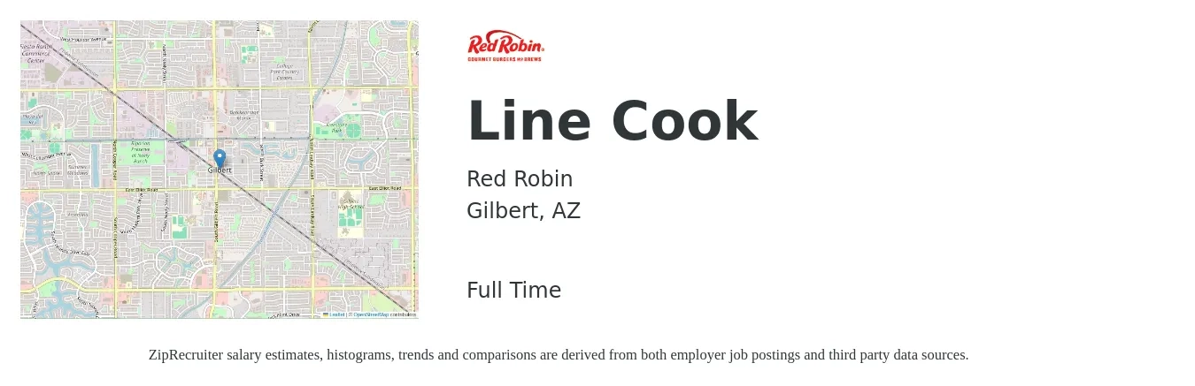 Red Robin job posting for a Line Cook in Gilbert, AZ with a salary of $16 to $19 Hourly with a map of Gilbert location.