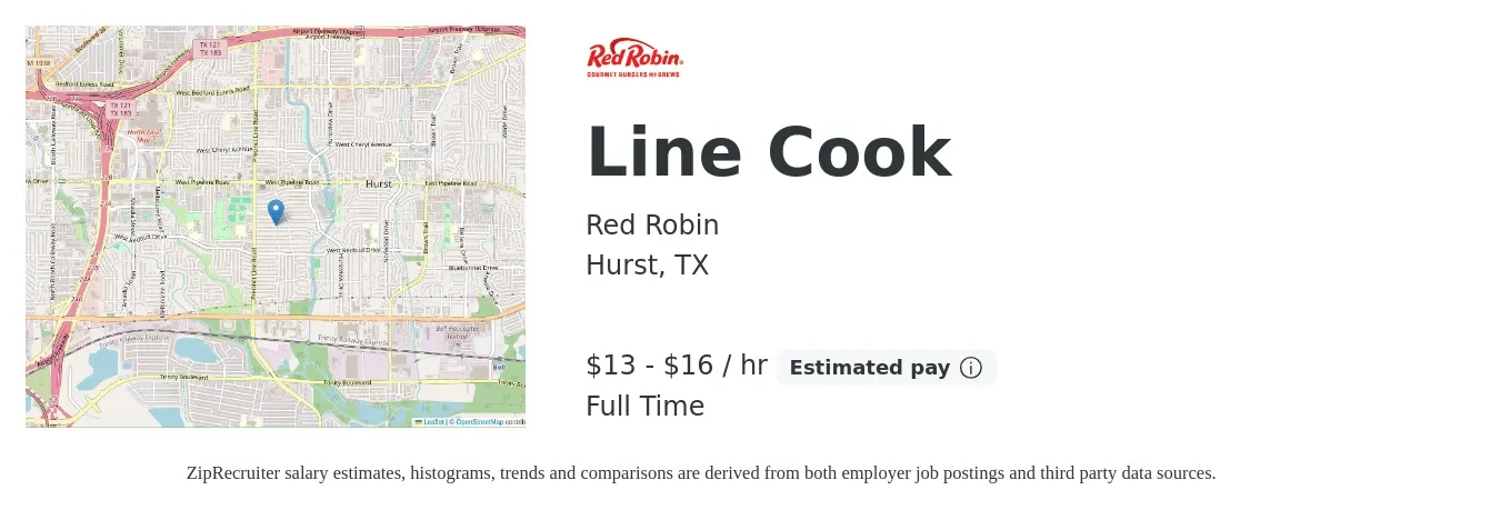 Red Robin job posting for a Line Cook in Hurst, TX with a salary of $14 to $17 Hourly with a map of Hurst location.