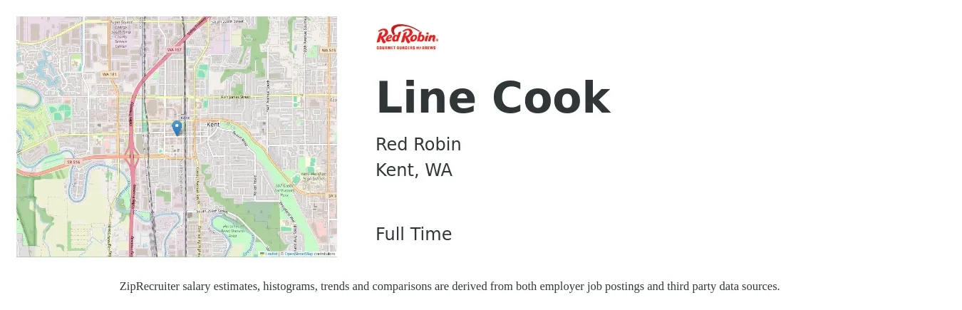 Red Robin job posting for a Line Cook in Kent, WA with a salary of $15 to $18 Hourly with a map of Kent location.