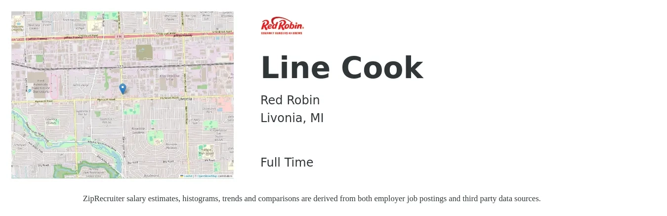 Red Robin job posting for a Line Cook in Livonia, MI with a salary of $14 to $18 Hourly with a map of Livonia location.