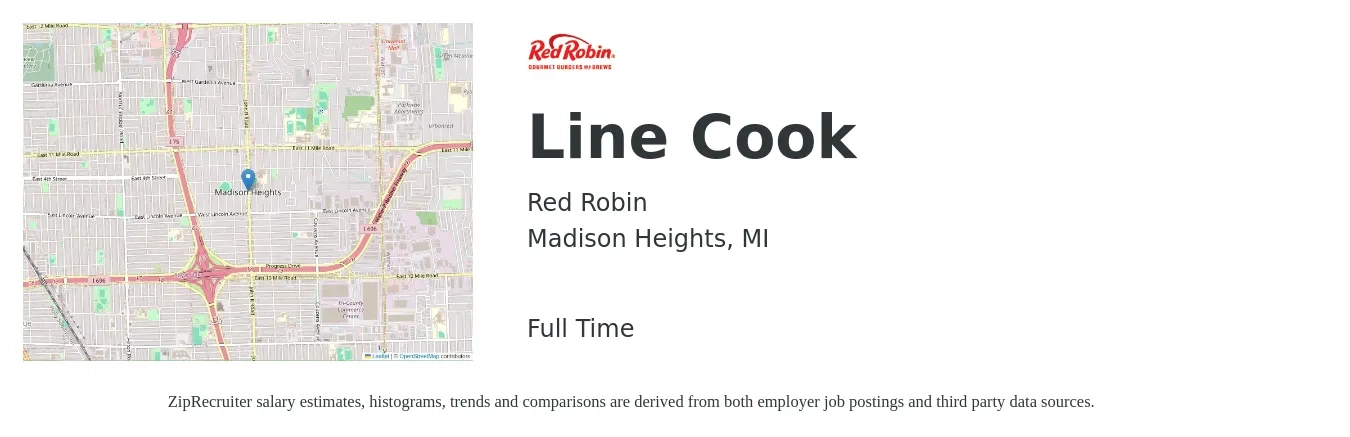 Red Robin job posting for a Line Cook in Madison Heights, MI with a salary of $14 to $18 Hourly with a map of Madison Heights location.