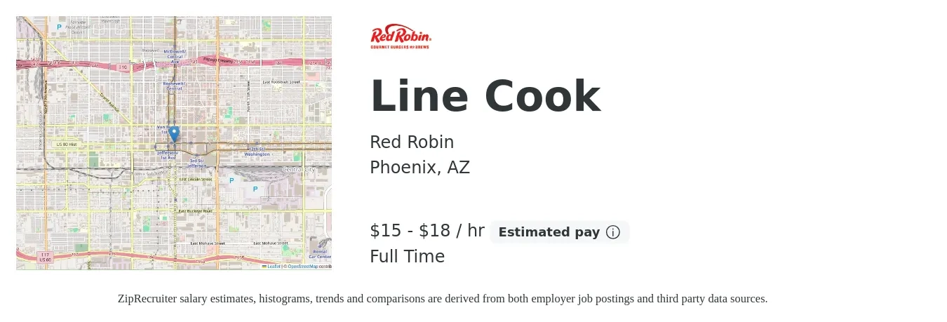Red Robin job posting for a Line Cook in Phoenix, AZ with a salary of $16 to $19 Hourly with a map of Phoenix location.