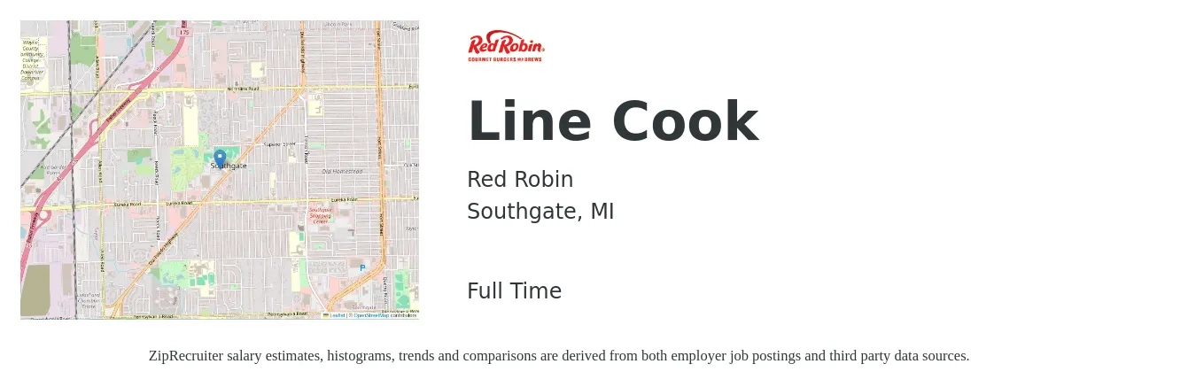 Red Robin job posting for a Line Cook in Southgate, MI with a salary of $14 to $17 Hourly with a map of Southgate location.