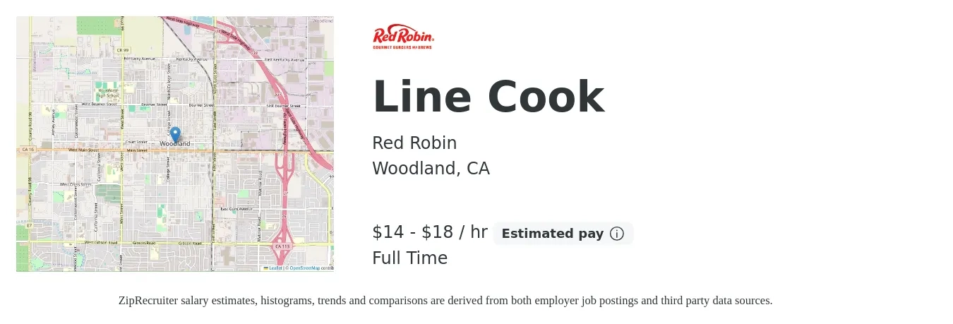 Red Robin job posting for a Line Cook in Woodland, CA with a salary of $16 to $19 Hourly with a map of Woodland location.