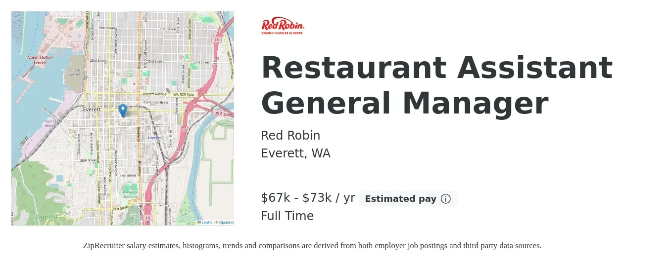 Red Robin job posting for a Restaurant Assistant General Manager in Everett, WA with a salary of $67,725 to $73,810 Yearly with a map of Everett location.