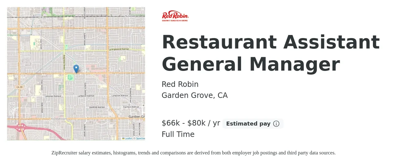 Red Robin job posting for a Restaurant Assistant General Manager in Garden Grove, CA with a salary of $66,560 to $80,520 Yearly with a map of Garden Grove location.