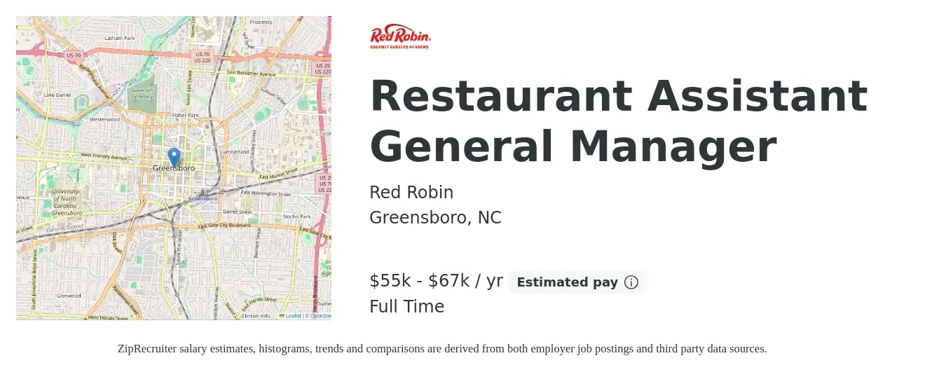Red Robin job posting for a Restaurant Assistant General Manager in Greensboro, NC with a salary of $55,000 to $67,100 Yearly with a map of Greensboro location.