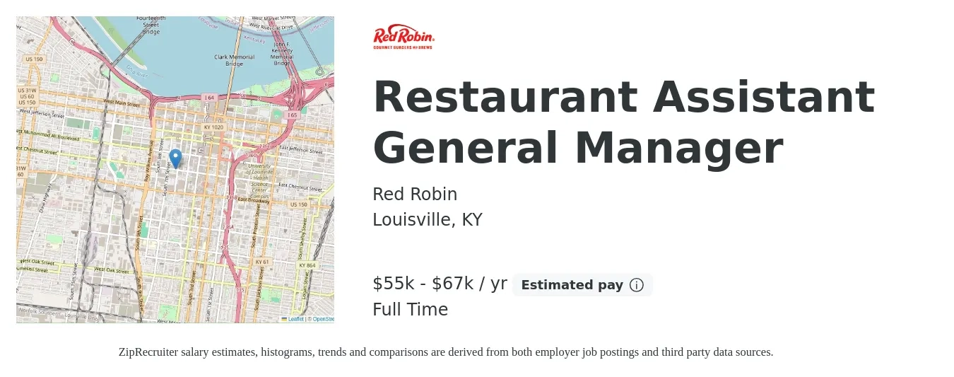Red Robin job posting for a Restaurant Assistant General Manager in Louisville, KY with a salary of $55,000 to $67,100 Yearly with a map of Louisville location.
