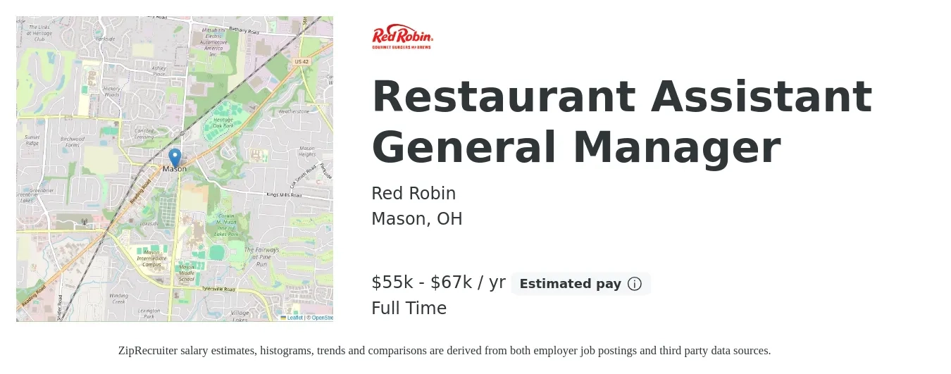 Red Robin job posting for a Restaurant Assistant General Manager in Mason, OH with a salary of $55,000 to $67,000 Yearly with a map of Mason location.