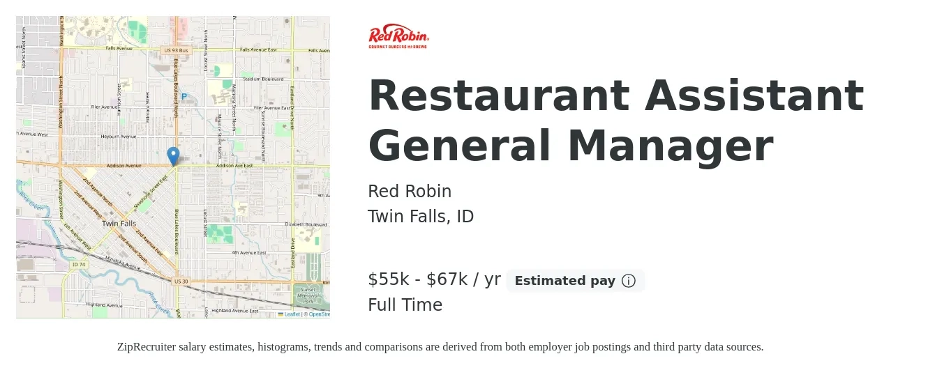 Red Robin job posting for a Restaurant Assistant General Manager in Twin Falls, ID with a salary of $55,000 to $67,100 Yearly with a map of Twin Falls location.