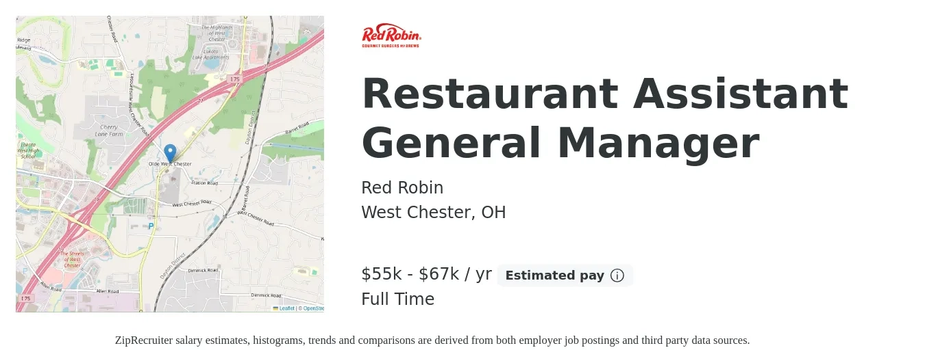 Red Robin job posting for a Restaurant Assistant General Manager in West Chester, OH with a salary of $55,000 to $67,000 Yearly with a map of West Chester location.