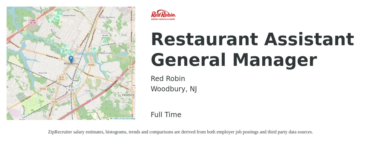 Red Robin job posting for a Restaurant Assistant General Manager in Woodbury, NJ with a salary of $50,400 to $67,500 Yearly with a map of Woodbury location.