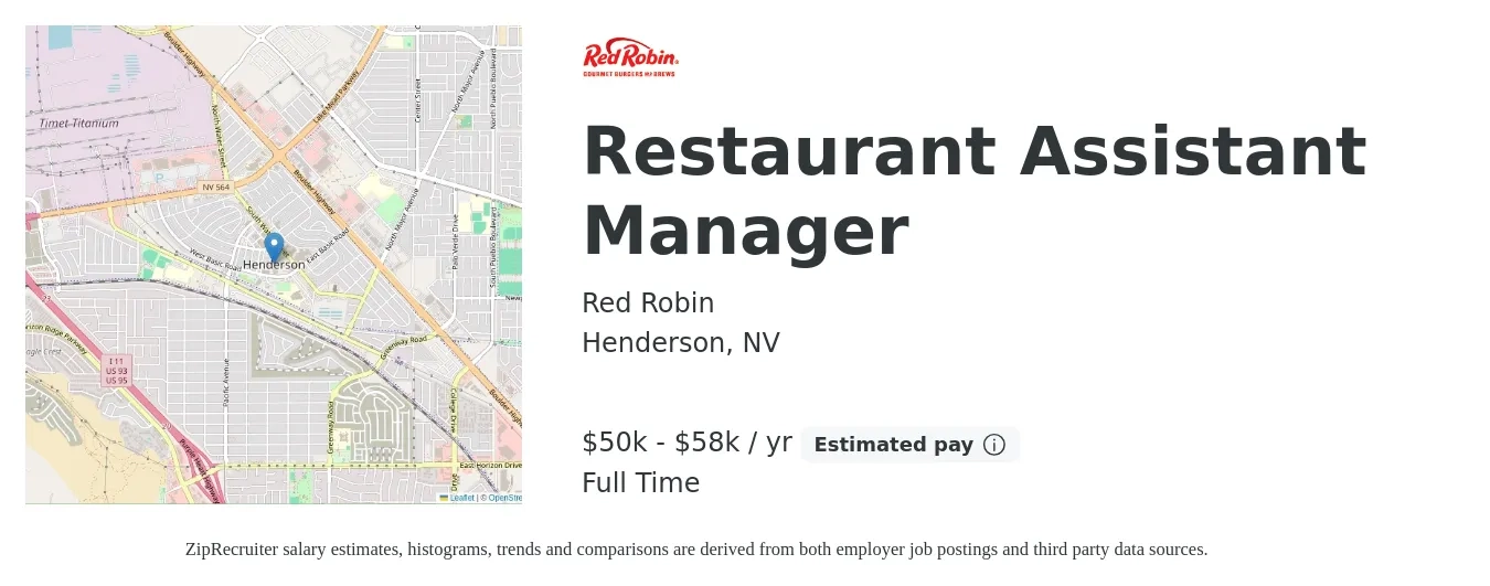 Red Robin job posting for a Restaurant Assistant Manager in Henderson, NV with a salary of $50,000 to $58,100 Yearly with a map of Henderson location.