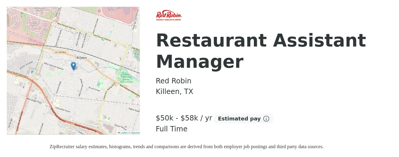 Red Robin job posting for a Restaurant Assistant Manager in Killeen, TX with a salary of $50,000 to $58,100 Yearly with a map of Killeen location.