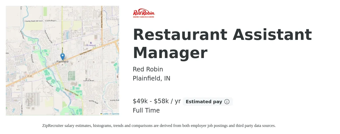 Red Robin job posting for a Restaurant Assistant Manager in Plainfield, IN with a salary of $49,000 to $58,100 Yearly with a map of Plainfield location.