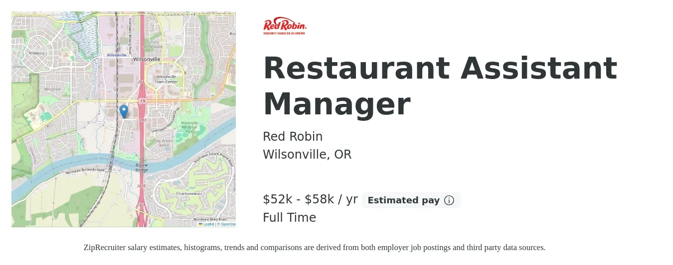 Red Robin job posting for a Restaurant Assistant Manager in Wilsonville, OR with a salary of $52,000 to $58,100 Yearly with a map of Wilsonville location.