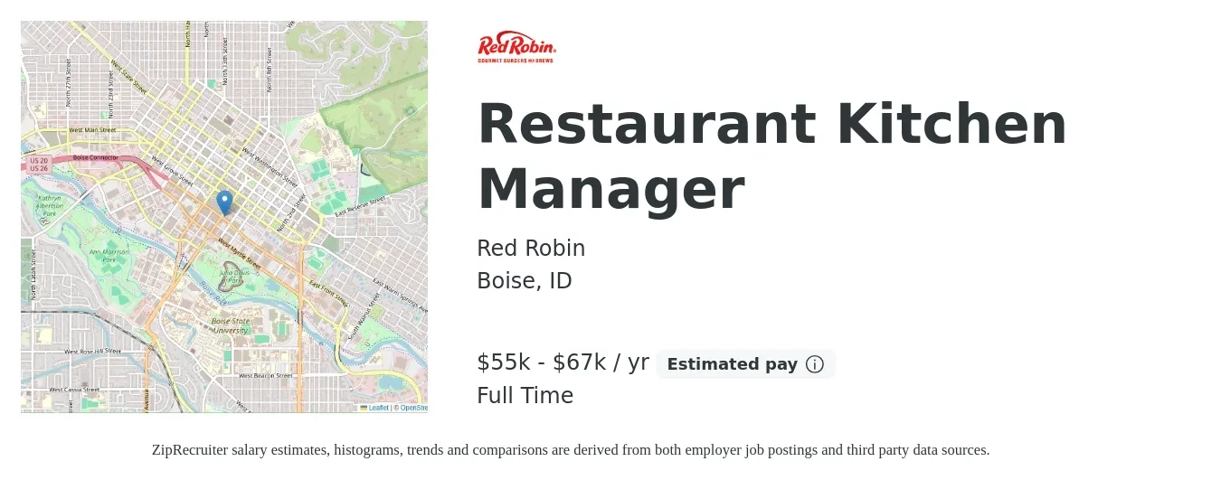 Red Robin job posting for a Restaurant Kitchen Manager in Boise, ID with a salary of $55,000 to $67,100 Yearly with a map of Boise location.