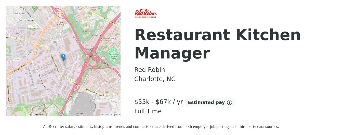 Red Robin job posting for a Restaurant Kitchen Manager in Charlotte, NC with a salary of $55,000 to $67,100 Yearly with a map of Charlotte location.
