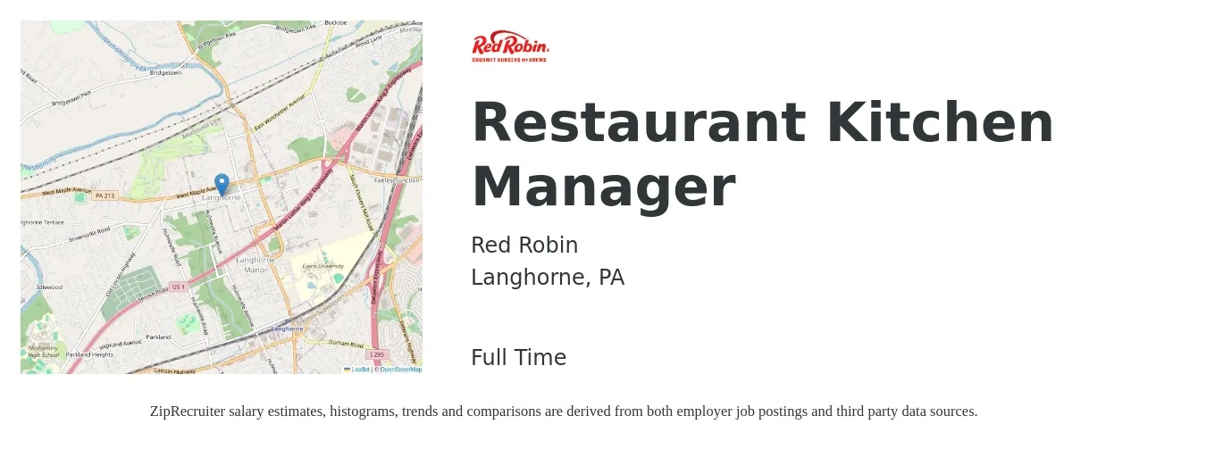 Red Robin job posting for a Restaurant Kitchen Manager in Langhorne, PA with a salary of $48,100 to $61,300 Yearly with a map of Langhorne location.