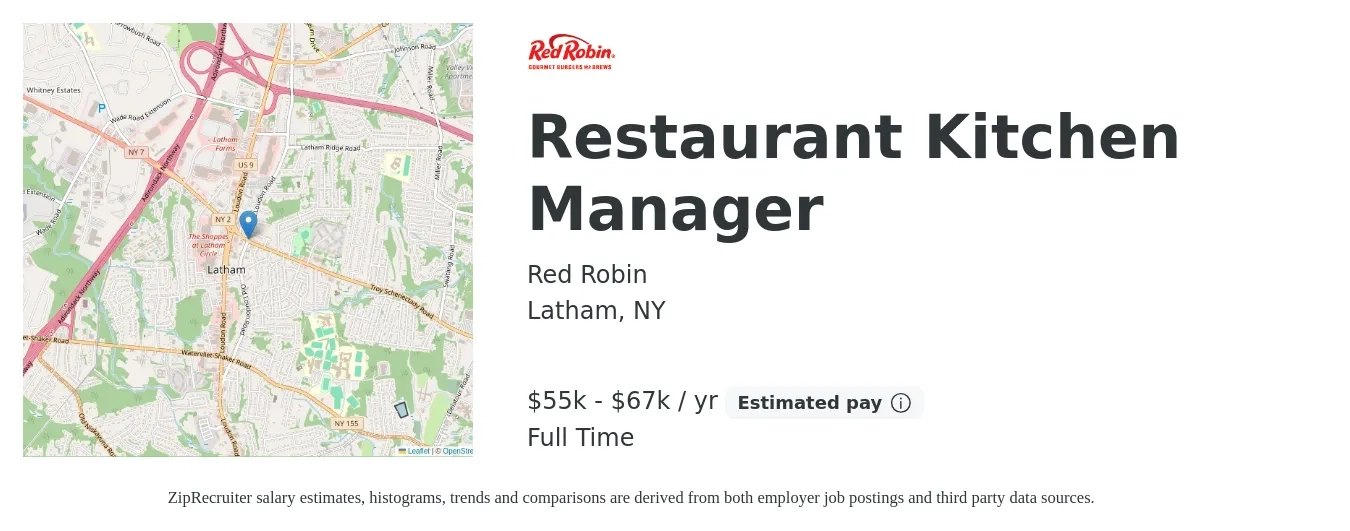 Red Robin job posting for a Restaurant Kitchen Manager in Latham, NY with a salary of $55,000 to $67,000 Yearly with a map of Latham location.
