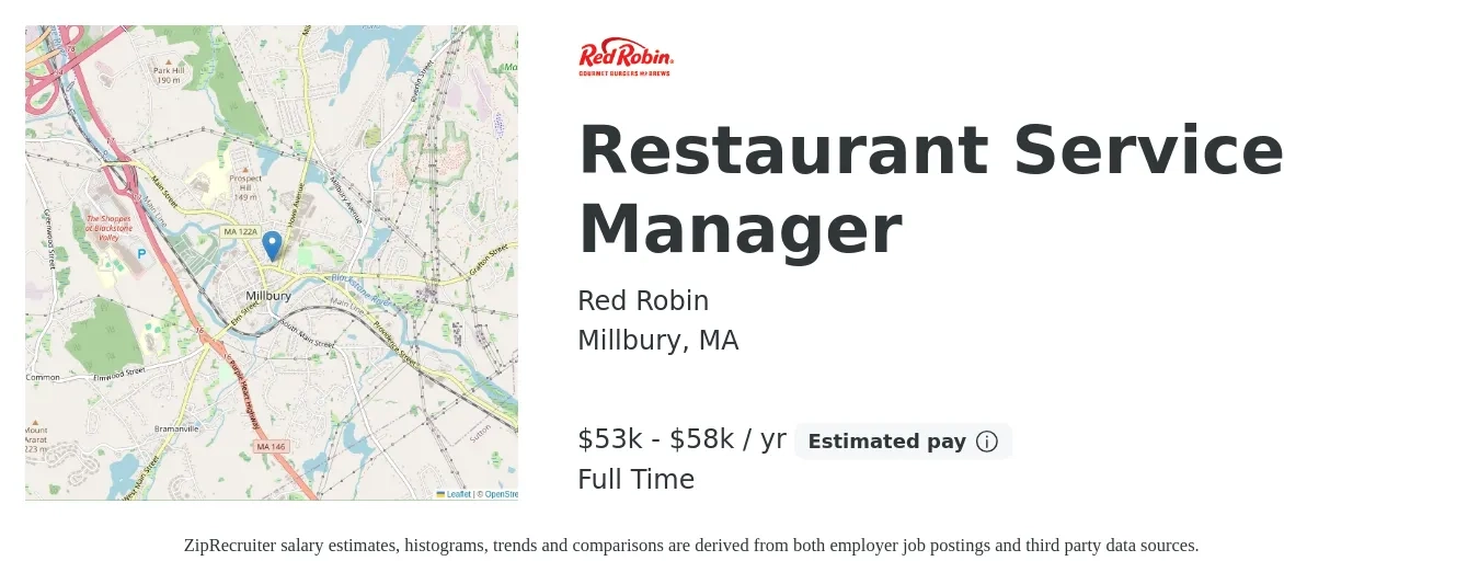 Red Robin job posting for a Restaurant Service Manager in Millbury, MA with a salary of $53,000 to $58,100 Yearly with a map of Millbury location.