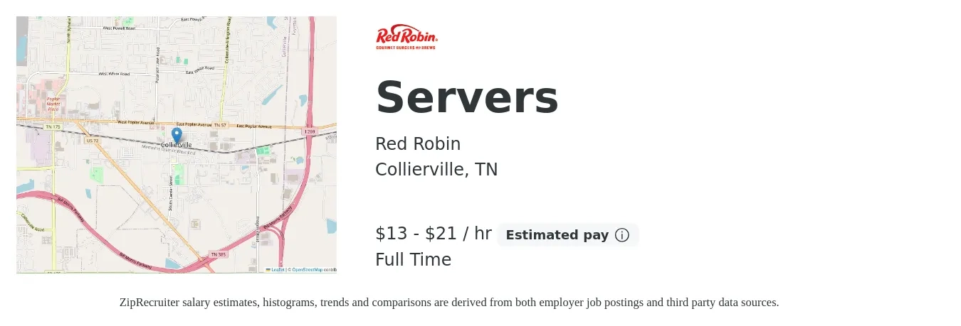 Red Robin job posting for a Servers in Collierville, TN with a salary of $10 to $16 Hourly with a map of Collierville location.