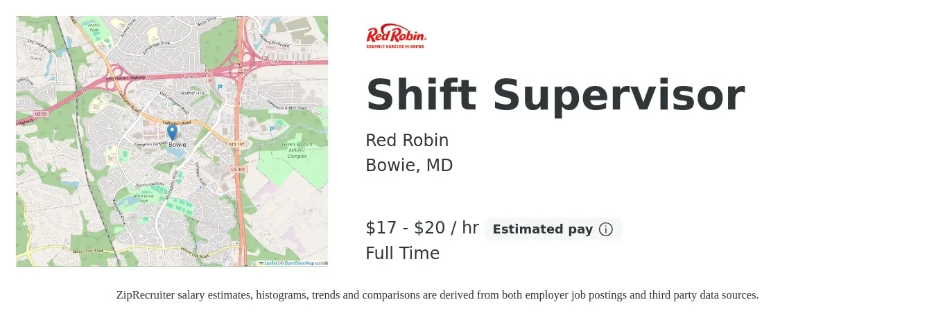 Red Robin job posting for a Shift Supervisor in Bowie, MD with a salary of $18 to $21 Hourly with a map of Bowie location.