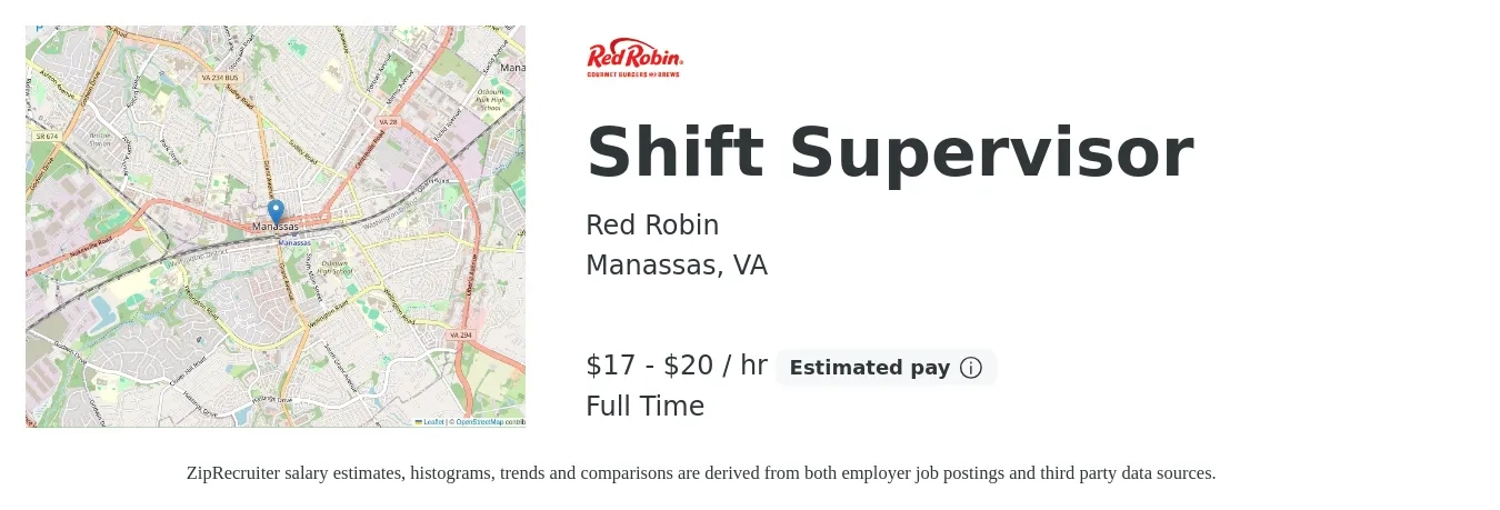 Red Robin job posting for a Shift Supervisor in Manassas, VA with a salary of $18 to $21 Hourly with a map of Manassas location.