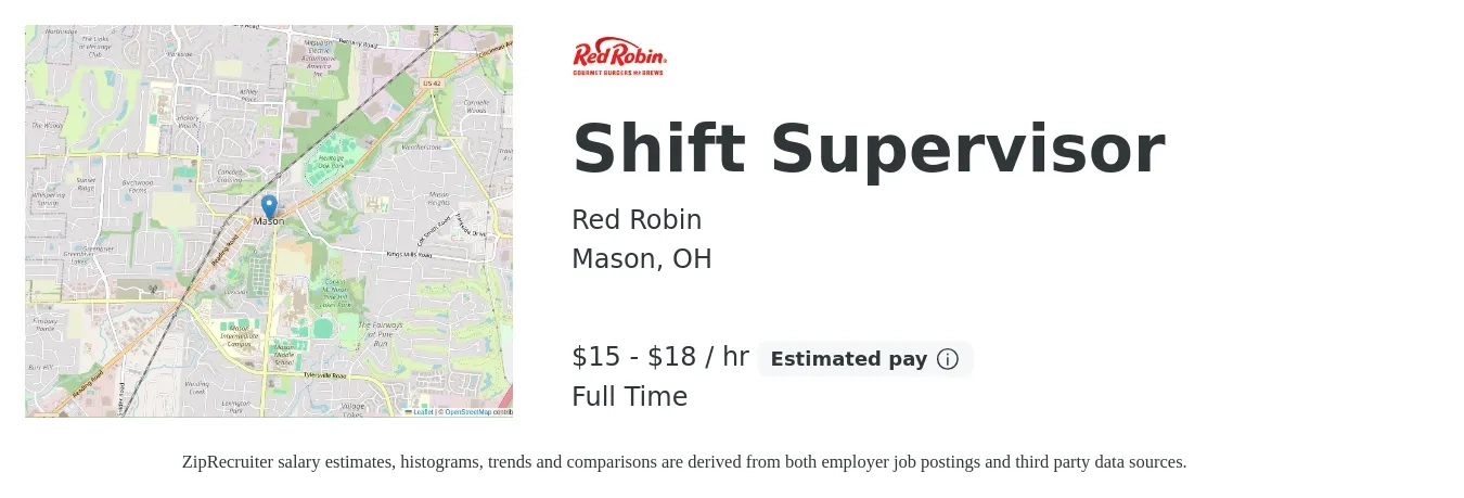 Red Robin job posting for a Shift Supervisor in Mason, OH with a salary of $16 to $19 Hourly with a map of Mason location.