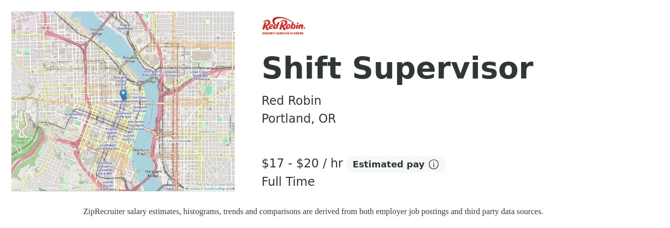 Red Robin job posting for a Shift Supervisor in Portland, OR with a salary of $18 to $21 Hourly with a map of Portland location.